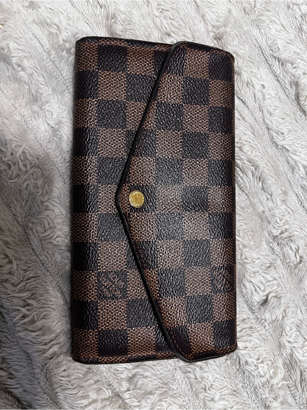 Louis Vuitton Brown Checkered Continental Wallet with Gold Accent